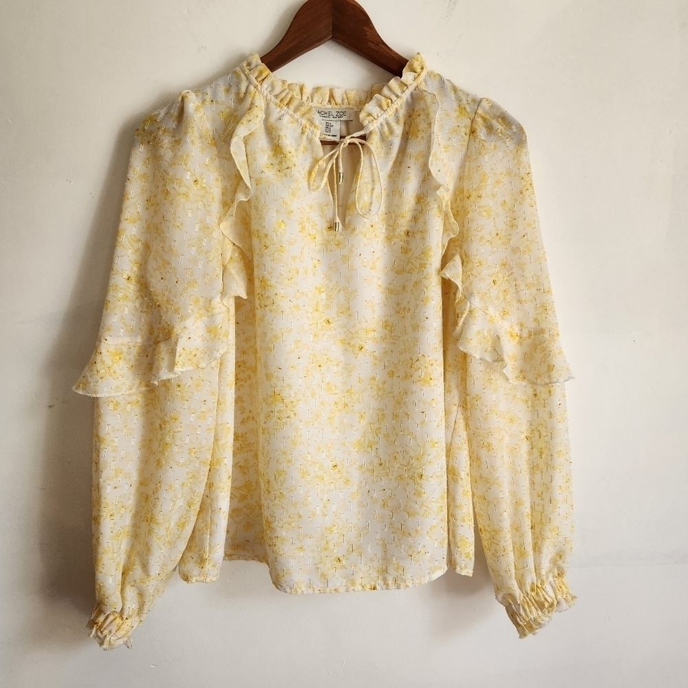 Blouse Pullover style Ruffle neckline Puff sleeves Yellow white gold RACHEL ZOE - Picture 7 of 16